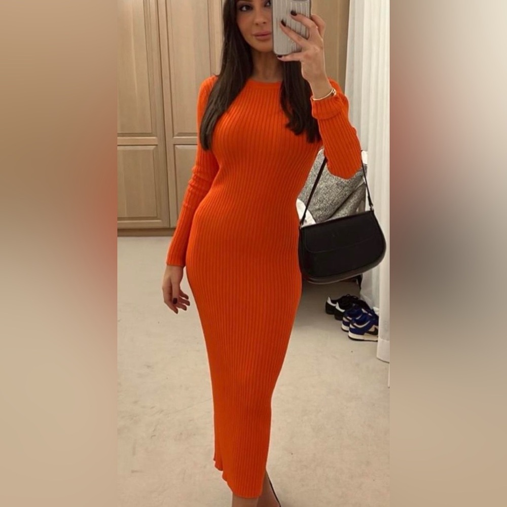 Zara Vibrant Orange Long Sleeve Ribbed Maxi Dress with Open Back Lace Up